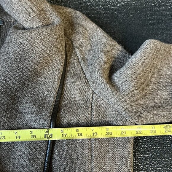 Vince Open Front Longline Wool Cardigan sz L Alpaca Yak Cashmere Leather Trim - Picture 6 of 8